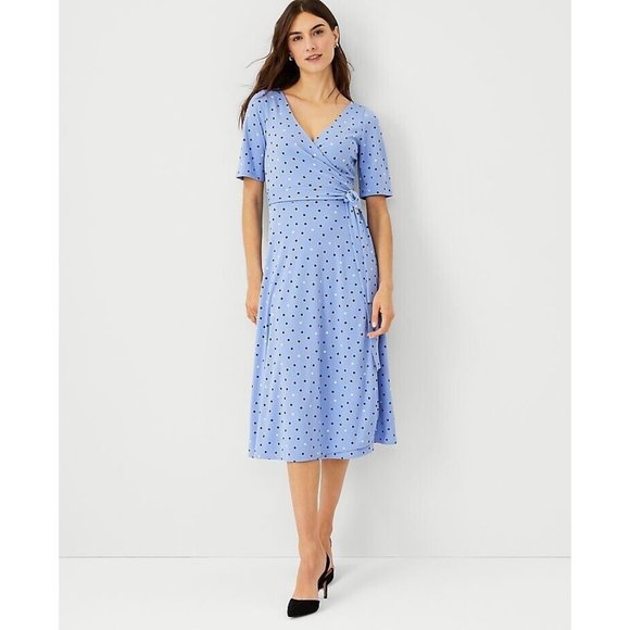 NEW Size 6 Womens Ann Taylor Knit V-Neck Dotted Wrap Dress in Windswept Blue - Picture 1 of 5